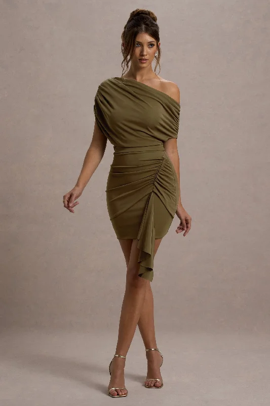 Osmanthus | Khaki Asymmetric Draped Mini Dress Stylish Short Sleeve Mini Dress