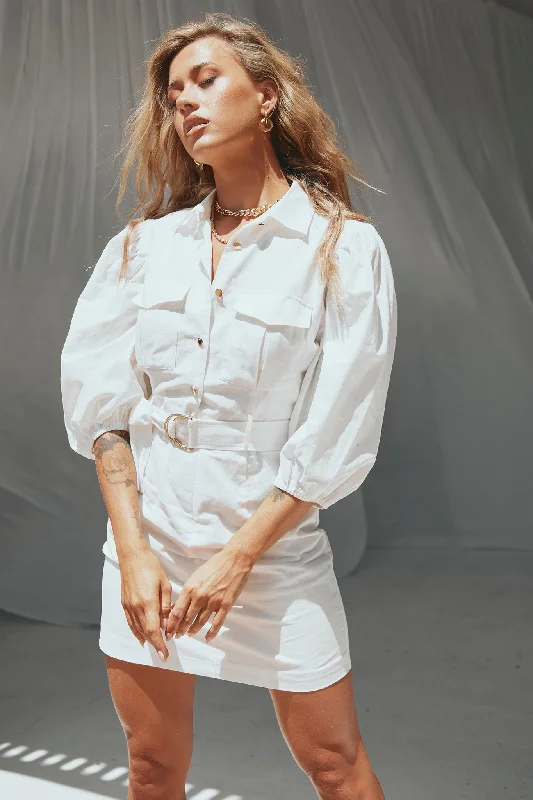 Over The Horizon Mini Dress - White Comfortable Off-Shoulder Mini Dress