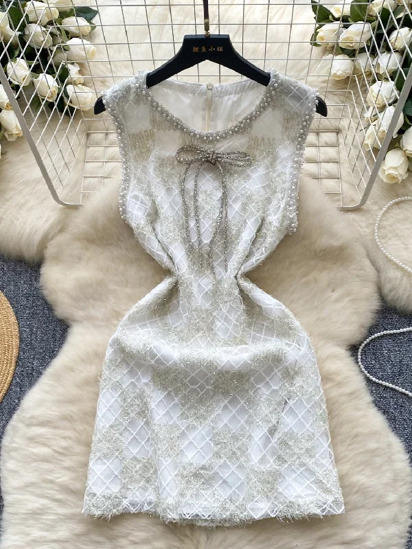 Pearl-Embellished Bow Mini Dress Classic Solid Mini Dress