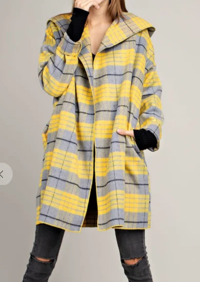 Plaid Pocketed Hoodie Jacket Welt Pockets Slit Pockets Flap Pockets