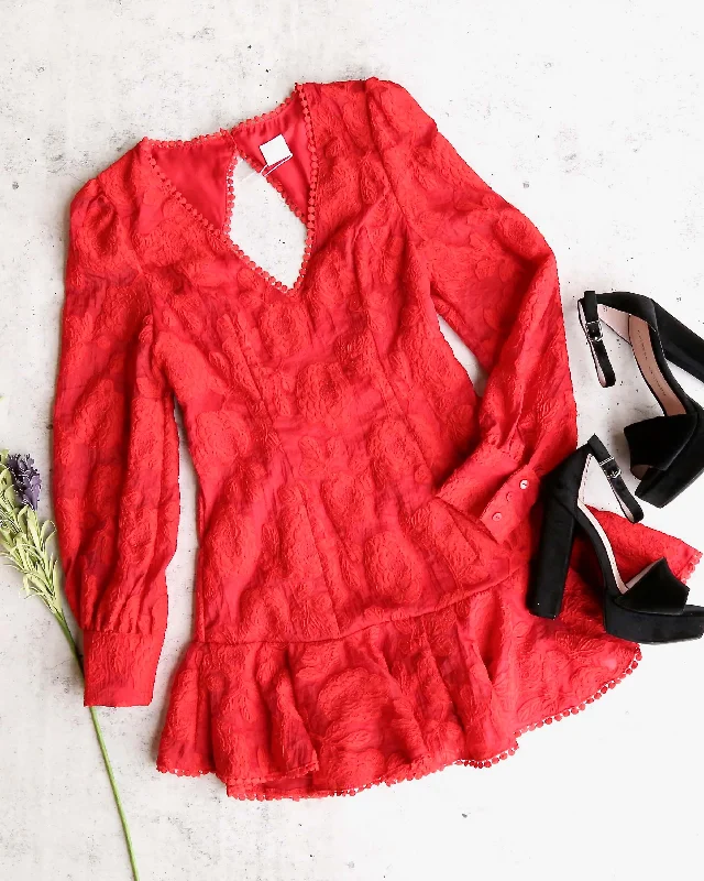 Red Hot Floral Lace Crochet Puff Long Sleeve Backless Mini Dress with Ruffle Hem in Red Trendy Lace Mini Dress Red Hot Floral Lace Crochet Puff Long Sleeve Backless Mini Dress with Ruffle Hem in Red Trendy Lace Mini Dress