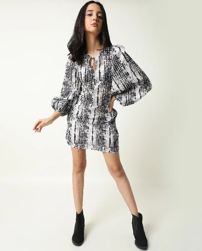 Rareism Women Ragi Black Printed Volume Sleeves Tie Up Neck With Pockets Mini Dress Stylish Sweetheart Neck Mini Dress