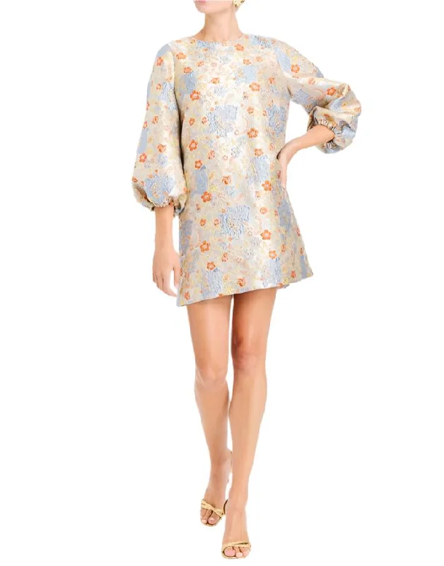 Rosanna Mini Dress in Champagne/Blue Jacquard Trendy Cut-Out Mini Dress