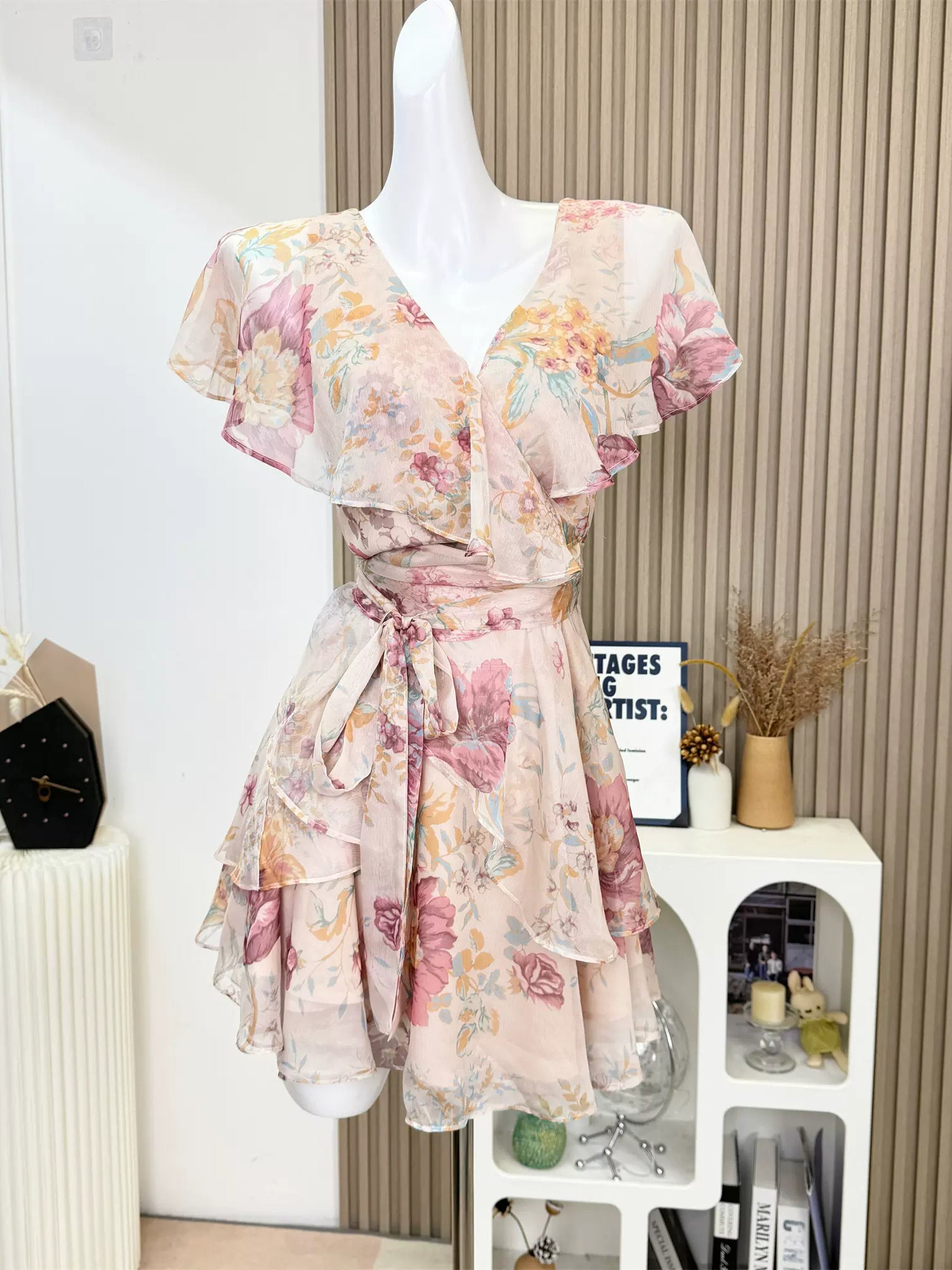 Ruffles V Neck Floral Print Short Mini Dress Fashionable Denim Mini Dress