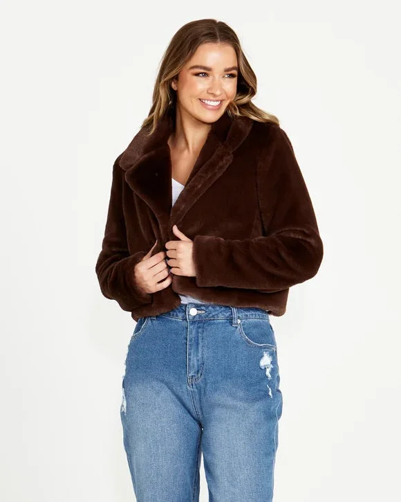 Sass Xanthe Cropped Fur Jacket Boat Neck Shawl Collar Notched Collar