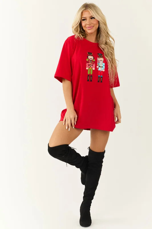 Scarlet Nutcracker Sequin Tee Shirt Mini Dress Comfortable Zip-Up Mini Dress
