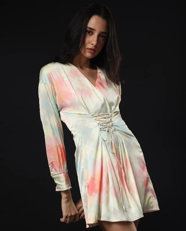Rareism Women Seattle Off White Abstract Overlap V Neck With Criss Cross Tie Up Waist And Full Sleeves Cuff Mini Dress Fashionable Lace-Trim Mini Dress