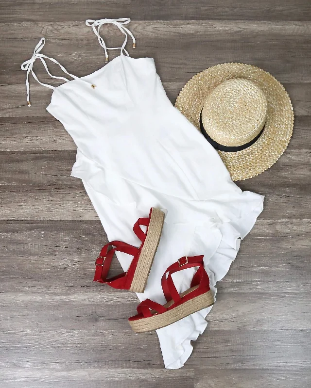 Self Tie Asymmetrical Ruffle Trim Bodycon Mini Dress in White Comfortable Off-Shoulder Mini Dress