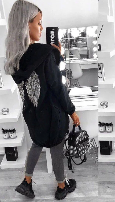 Sequin Angel Wings Hoodie Jacket Oversized Jacket Tailored Jacket Straight Jacket