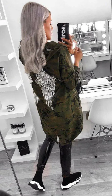 Sequin Angel Wings Hoodie Jacket In Camouflage Satin Jacket Silk Jacket Chiffon Jacket Sequin Angel Wings Hoodie Jacket In Camouflage Satin Jacket Silk Jacket Chiffon Jacket