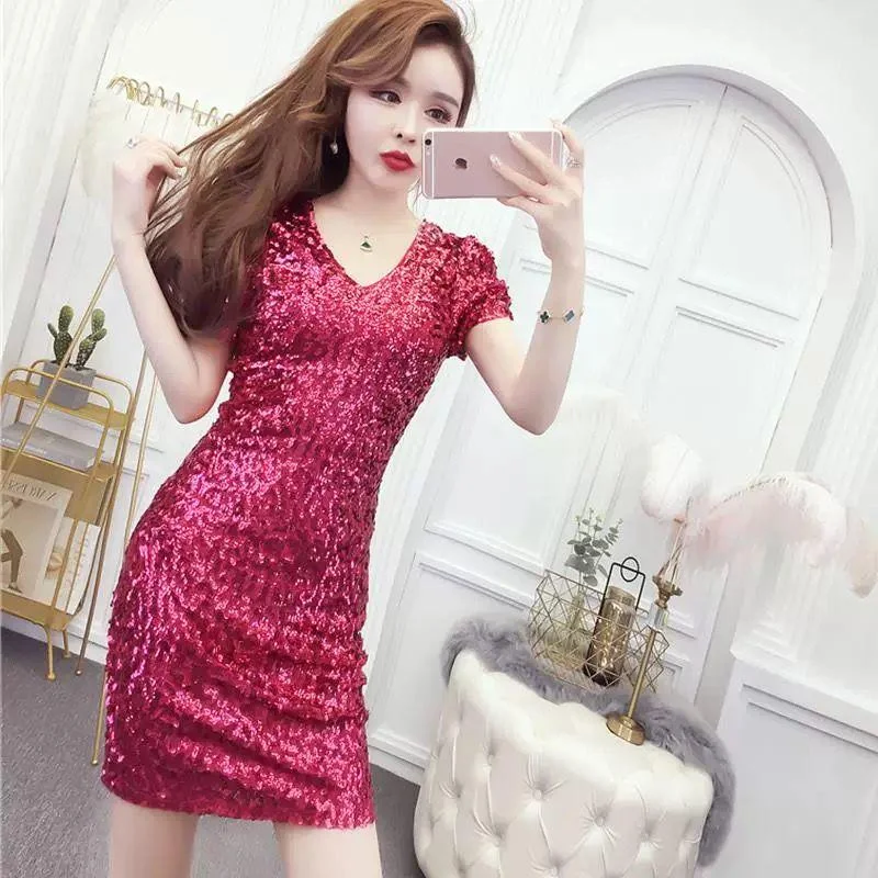 Sexy Women V Ncek Solid Sequined Glitter Stitching Shining Sheath Long Sleeved Mini Dress for Female Trendy Camisole Mini Dress Sexy Women V Ncek Solid Sequined Glitter Stitching Shining Sheath Long Sleeved Mini Dress for Female Trendy Camisole Mini Dress