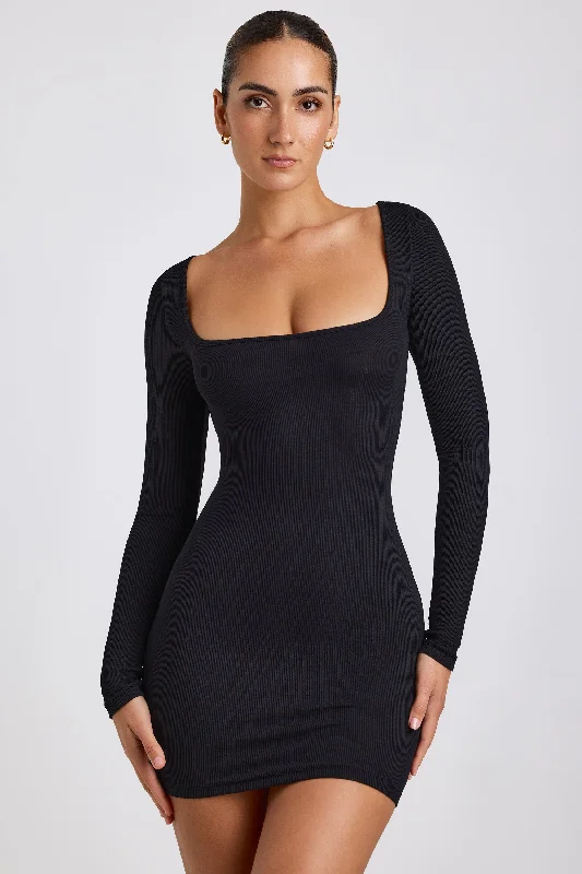 Ribbed Modal Long Sleeve Mini Dress in Black Cozy Cotton Mini Dress