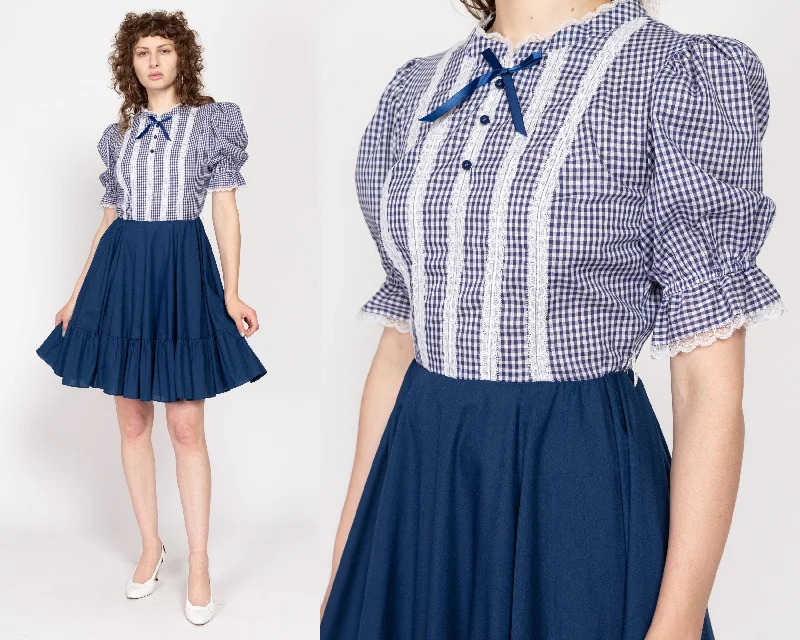 Small 70s Blue Gingham Puff Sleeve Mini Dress Cozy Knit Mini Dress
