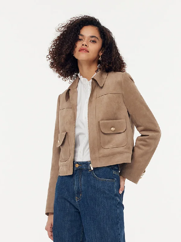 Suede Zip-Up Women Crop Jacket Nylon Fabric Polyester Fabric Spandex Fabric