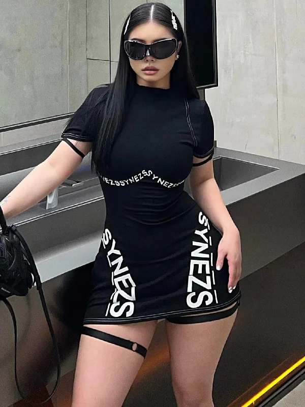 SYNEZ Graphic Letter Print Slim Black Mini Dress Elegant Silk Mini Dress