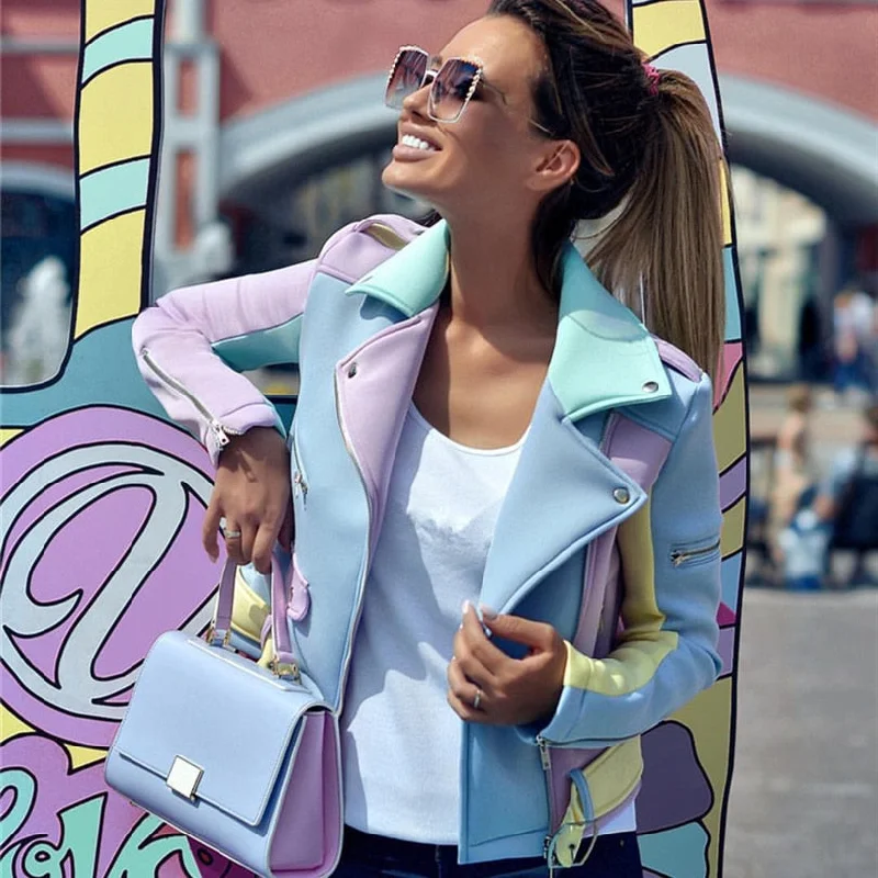 Taotrees spring autumn Multicolor Spliced Diagonal Zipper Jackets Women Epaulet Design Turn-Down Collar Coat Ladies Basic Coat Satin Fabric Silk Fabric Chiffon Fabric Taotrees spring autumn Multicolor Spliced Diagonal Zipper Jackets Women Epaulet Design Turn-Down Collar Coat Ladies Basic Coat Satin Fabric Silk Fabric Chiffon Fabric