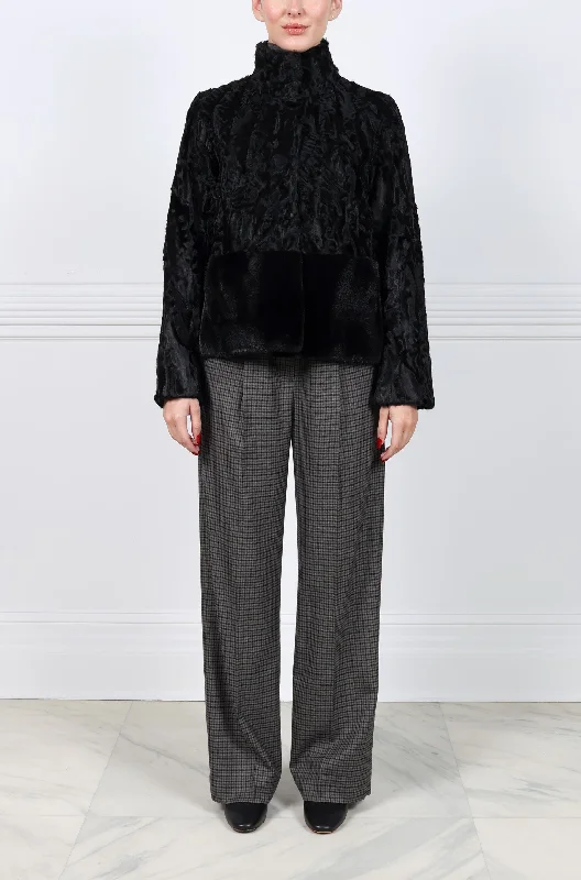 The Dover Upcycled Lamb Jacket with Mink Fur Peplum Wool Fabric Cashmere Fabric Tweed Fabric The Dover Upcycled Lamb Jacket with Mink Fur Peplum Wool Fabric Cashmere Fabric Tweed Fabric