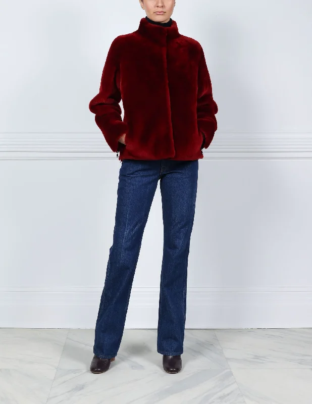 The Elaine Shearling Jacket in Merlot Zip Front Button Front Snap Front