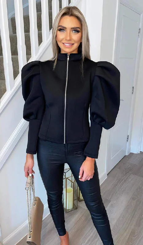 The Puff Sleeved Zip Up Jacket A-Line Jacket Boat Neck Shawl Collar