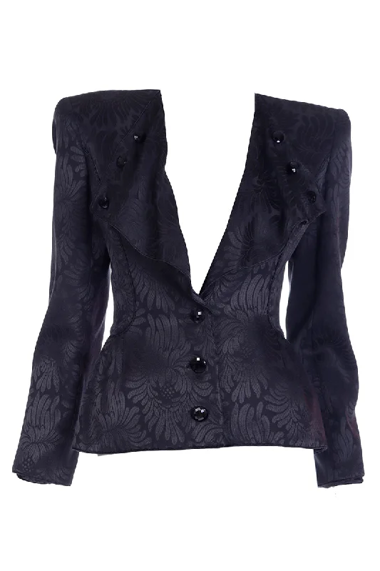 Valentino Garavani Vintage Black Tonal Floral Print Evening Jacket Zippered Front Buttoned Front Snap Front Valentino Garavani Vintage Black Tonal Floral Print Evening Jacket Zippered Front Buttoned Front Snap Front