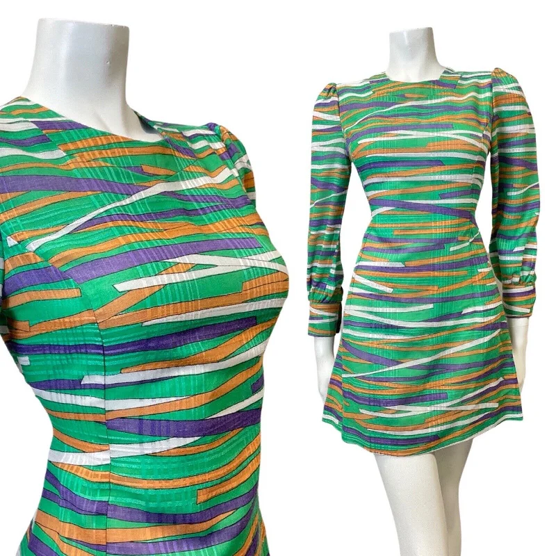 VINTAGE 60s 90s GREEN PURPLE ORANGE STRIPED LONGSLEEVE MOD MINI DRESS 8 10 Cozy Sweater Mini Dress