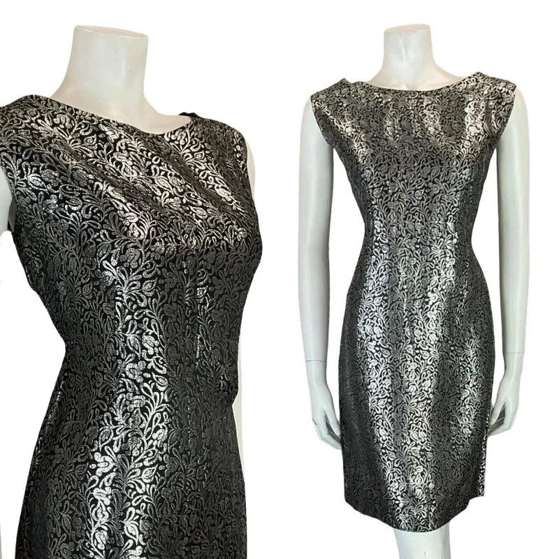 VTG 60S MOD BLACK SILVER FLORAL SHINY PARTY SLEEVELESS MINI DRESS SIZE 14 16 Chic Pleated Mini Dress
