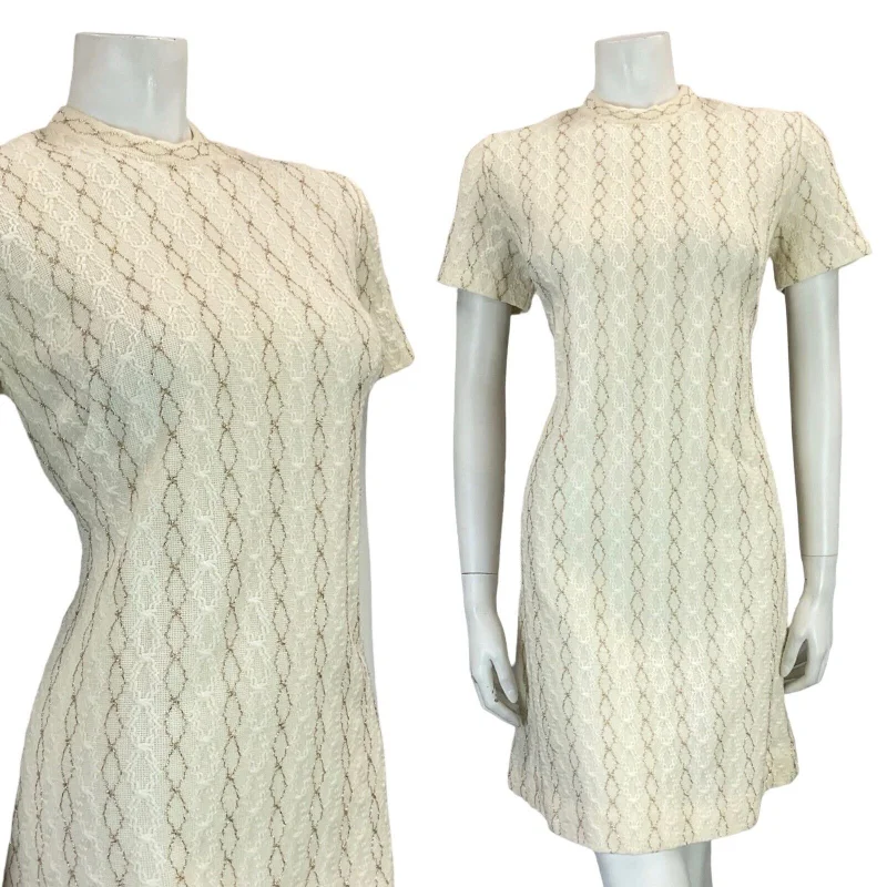 VTG 60S MOD WOOL KNITTED TEXTURE CREAM GOLD SHORT SLEEVE MINI DRESS 11 Chic Halter Mini Dress