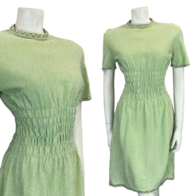 VTG 60S PASTEL GREEN SILVER TRIM T SHIRT MINI DRESS WITH ELASTICATED WAIST 6 8 Elegant Lace-Up Mini Dress