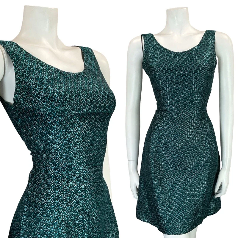 VTG 60S TEAL BLUE BLACK ART DECO BROADE EVENING PARTY MINI DRESS SIZE 10 Stylish Floral Print Mini Dress