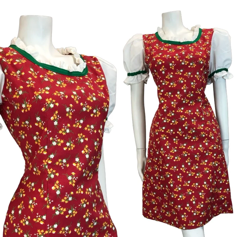VTG 70S BAVARIAN OKTOBERFEST DIRNDL MINI DRESS RED FLORAL 12 Stylish Sweetheart Mini Dress VTG 70S BAVARIAN OKTOBERFEST DIRNDL MINI DRESS RED FLORAL 12 Stylish Sweetheart Mini Dress