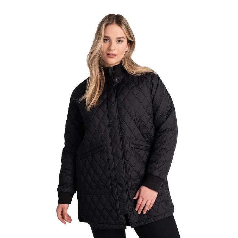 Women's 3/4 Bomber Jacket - Black Fleece Fabric Down Fabric Feather Fabric