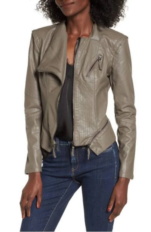 Women's Asymmetrical Collar Gray Leather Jacket WJ054 Hoodie Zip-Up Jacket Button-Up Jacket Women's Asymmetrical Collar Gray Leather Jacket WJ054 Hoodie Zip-Up Jacket Button-Up Jacket