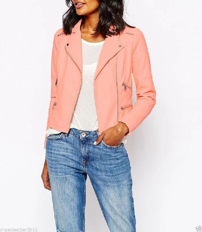 Women's Coral Genuine Leather Jacket WJ042 Welt Pockets Slit Pockets Flap Pockets