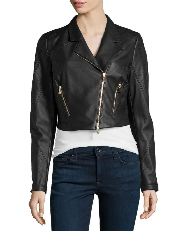 Women's Cropped Black Leather Jacket WJ051 Faux Fur Fabric Real Fur Fabric Shearling Fabric