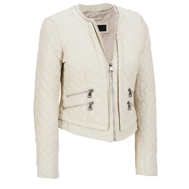 Women's Round Neck Quilted Leather Jacket WJ040 Welt Pockets Slit Pockets Flap Pockets Women's Round Neck Quilted Leather Jacket WJ040 Welt Pockets Slit Pockets Flap Pockets