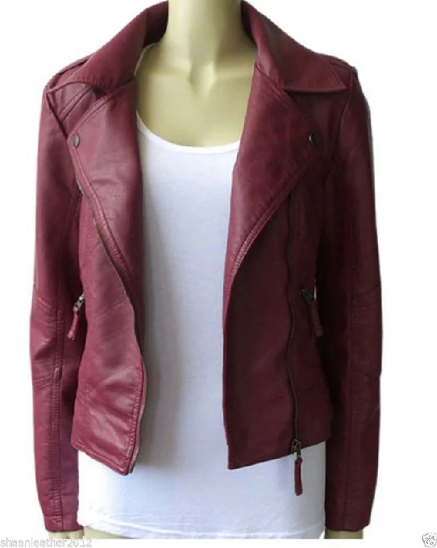 Women's Sleek Maroon Leather Jacket WJ043 Mesh Jacket Canvas Jacket Denim Jacket