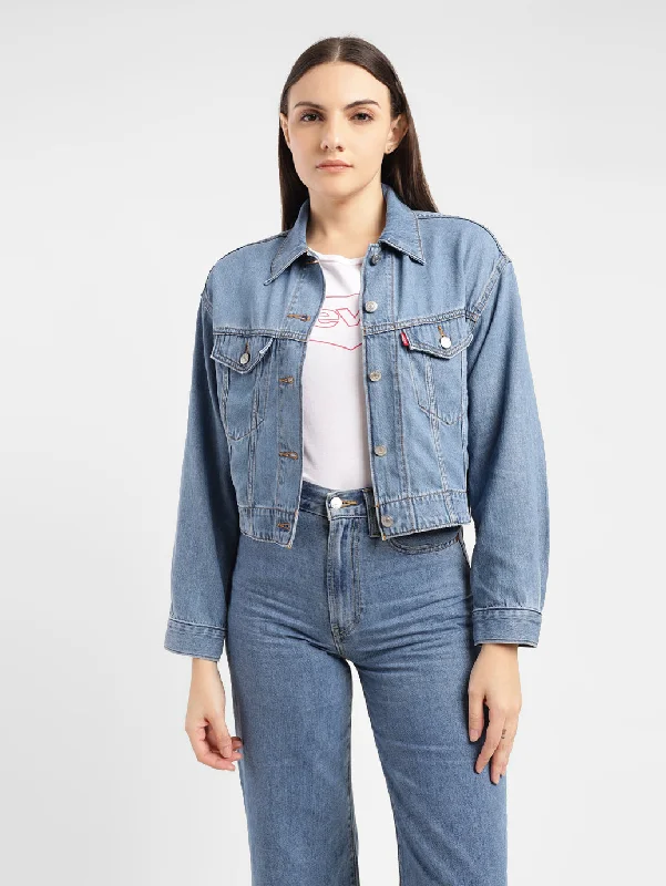 Women's Solid Indigo Spread Collar Trucker Jacket Tiered Jacket Buttoned Jacket Zippered Jacket Women's Solid Indigo Spread Collar Trucker Jacket Tiered Jacket Buttoned Jacket Zippered Jacket