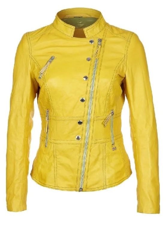 Women's Yellow Chic Zipper Leather Jacket WJ047 Front Pockets Side Pockets Patch Pockets Women's Yellow Chic Zipper Leather Jacket WJ047 Front Pockets Side Pockets Patch Pockets