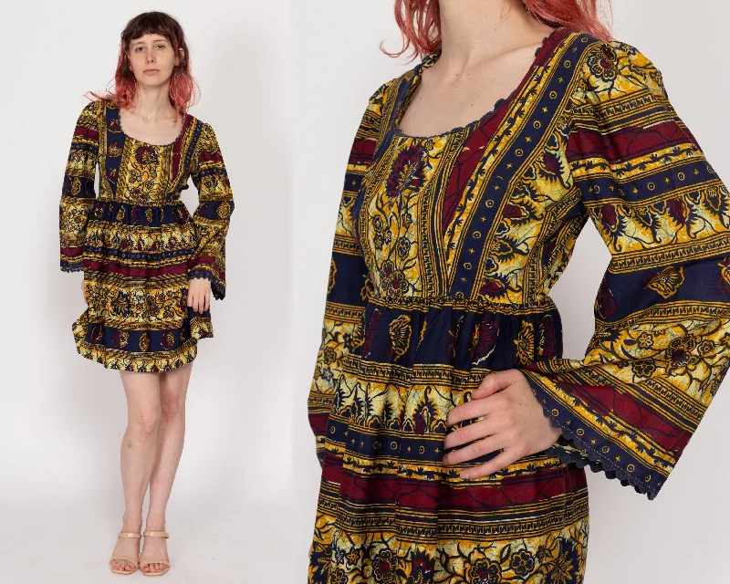 XS 60s Boho Batik Bell Sleeve Mini Dress Stylish Ribbed Mini Dress