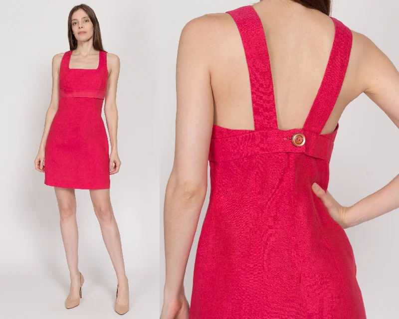 XS 90s Tara Jarmon Hot Pink Linen Mini Dress Cozy Cotton Mini Dress