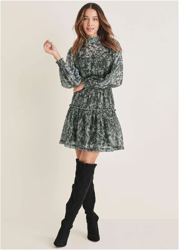 Sheer Ruffle Mini Dress - Menswear Floral Comfortable Linen Mini Dress
