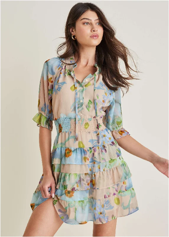 Tiered Ruffle Mini Dress - Coquette Bouquet Fashionable Lace Mini Dress