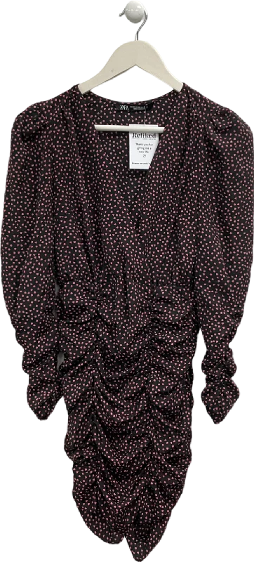 ZARA Black Ruched Heart Print Mini Dress UK XS Trendy Lace Mini Dress