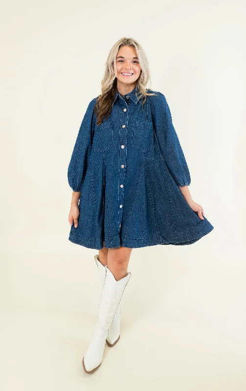 Denim Button Up Long Sleeve Mini Dress Trendy Crossover Mini Dress