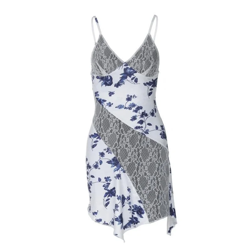 Lace v neck print patchwork ruffle cami mini dress Fashionable A-Line Mini Dress