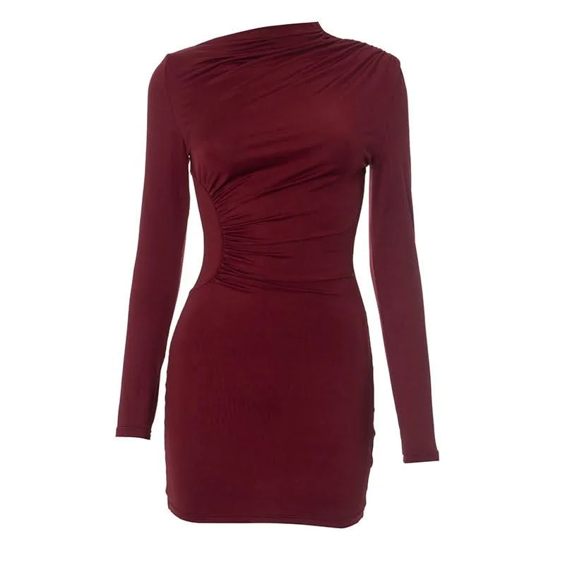 Long sleeve ruched irregular solid mini dress Elegant Mini Dress with Ruffles