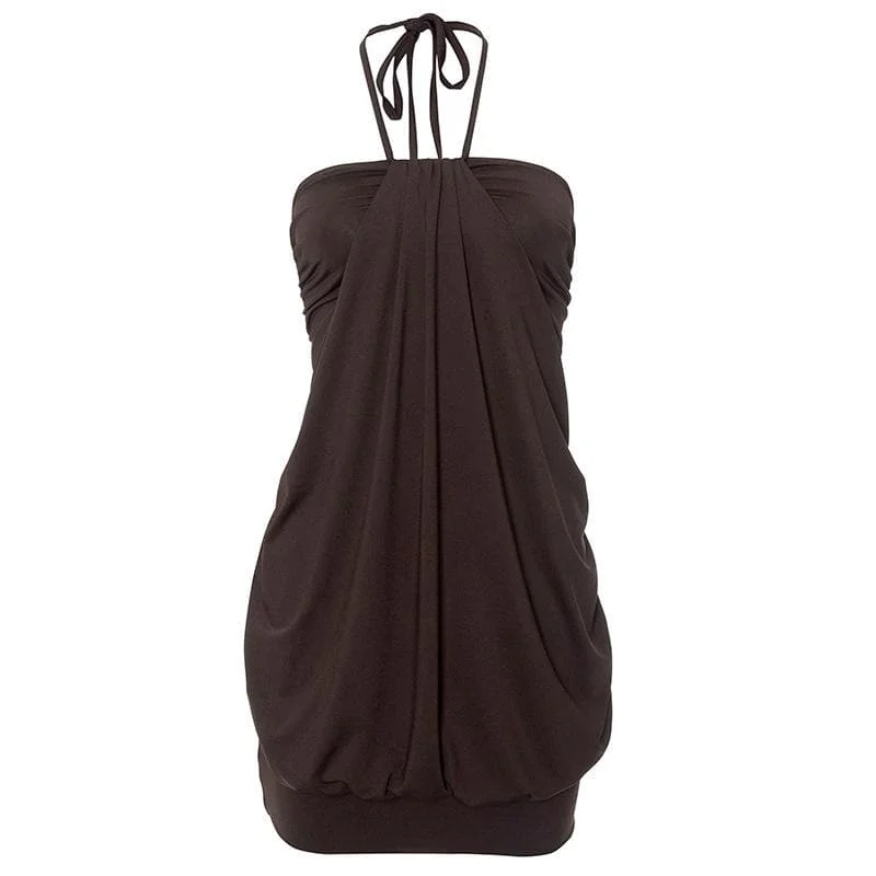 Halter backless ruched solid mini dress Cozy Cowl Neck Mini Dress