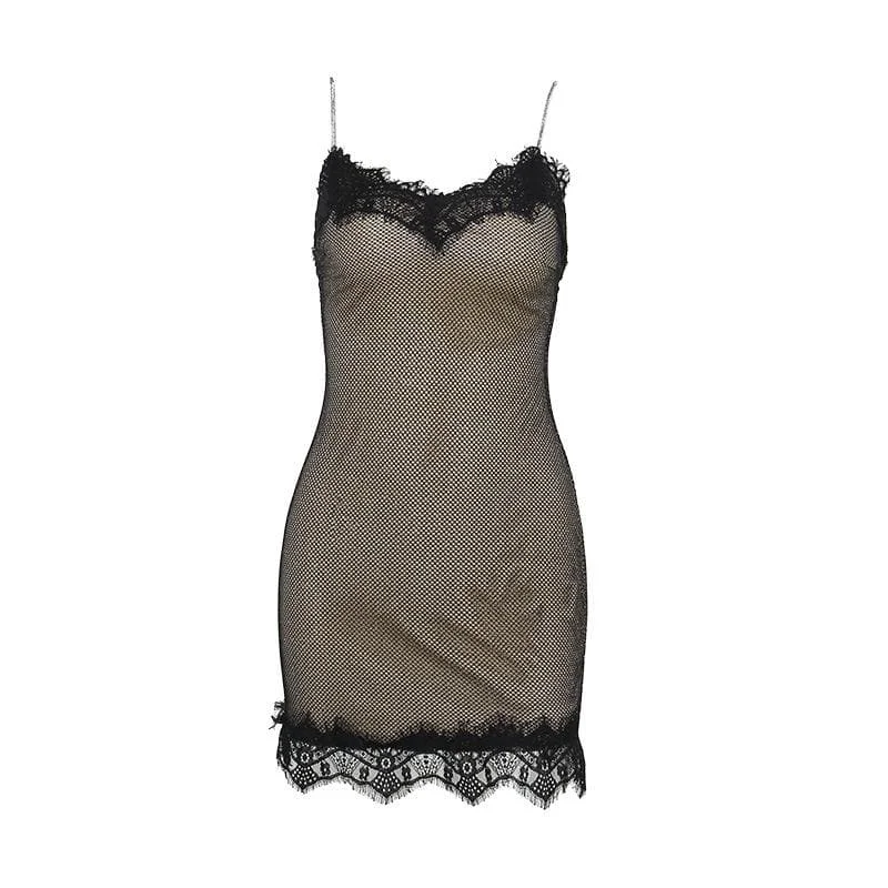 Lace glitter patchwork zip-up v neck cami mini dress Stylish Ribbed Mini Dress