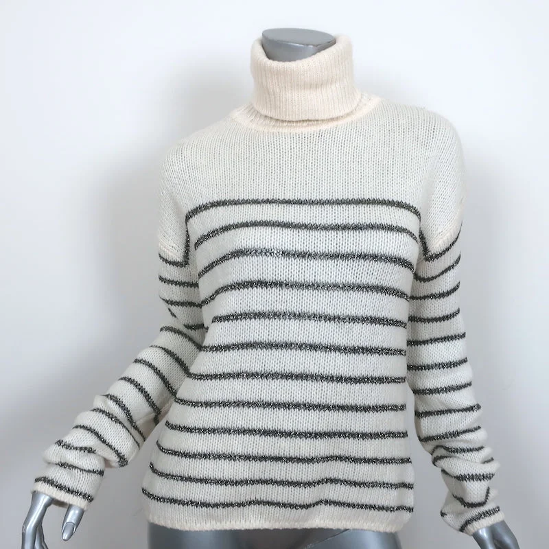 A.L.C. Turtleneck Sweater Elisa Ivory Metallic-Striped Knit Size Medium Mesh Fabric Canvas Fabric Denim Fabric A.L.C. Turtleneck Sweater Elisa Ivory Metallic-Striped Knit Size Medium Mesh Fabric Canvas Fabric Denim Fabric