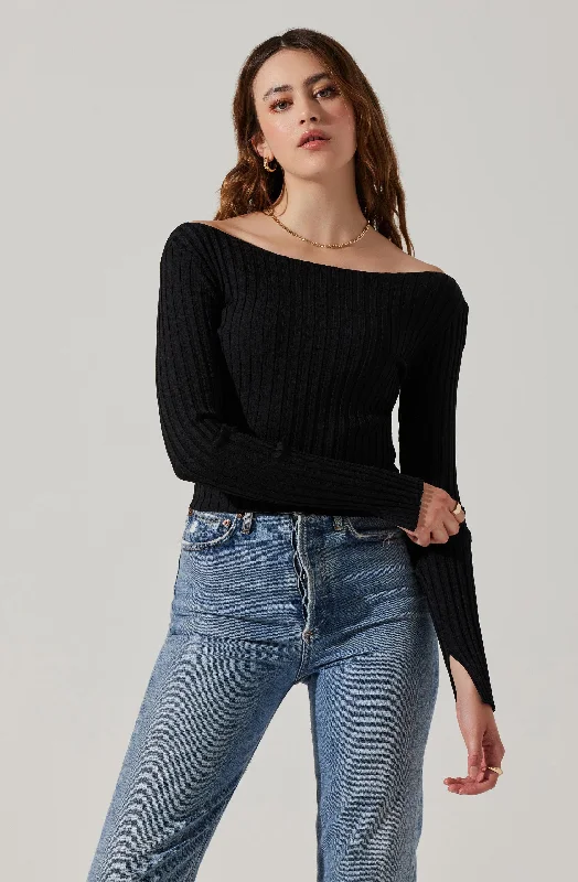 Alessandra Ribbed Off Shoulder Sweater Notch Collar Peter Pan Collar Cowl Neck